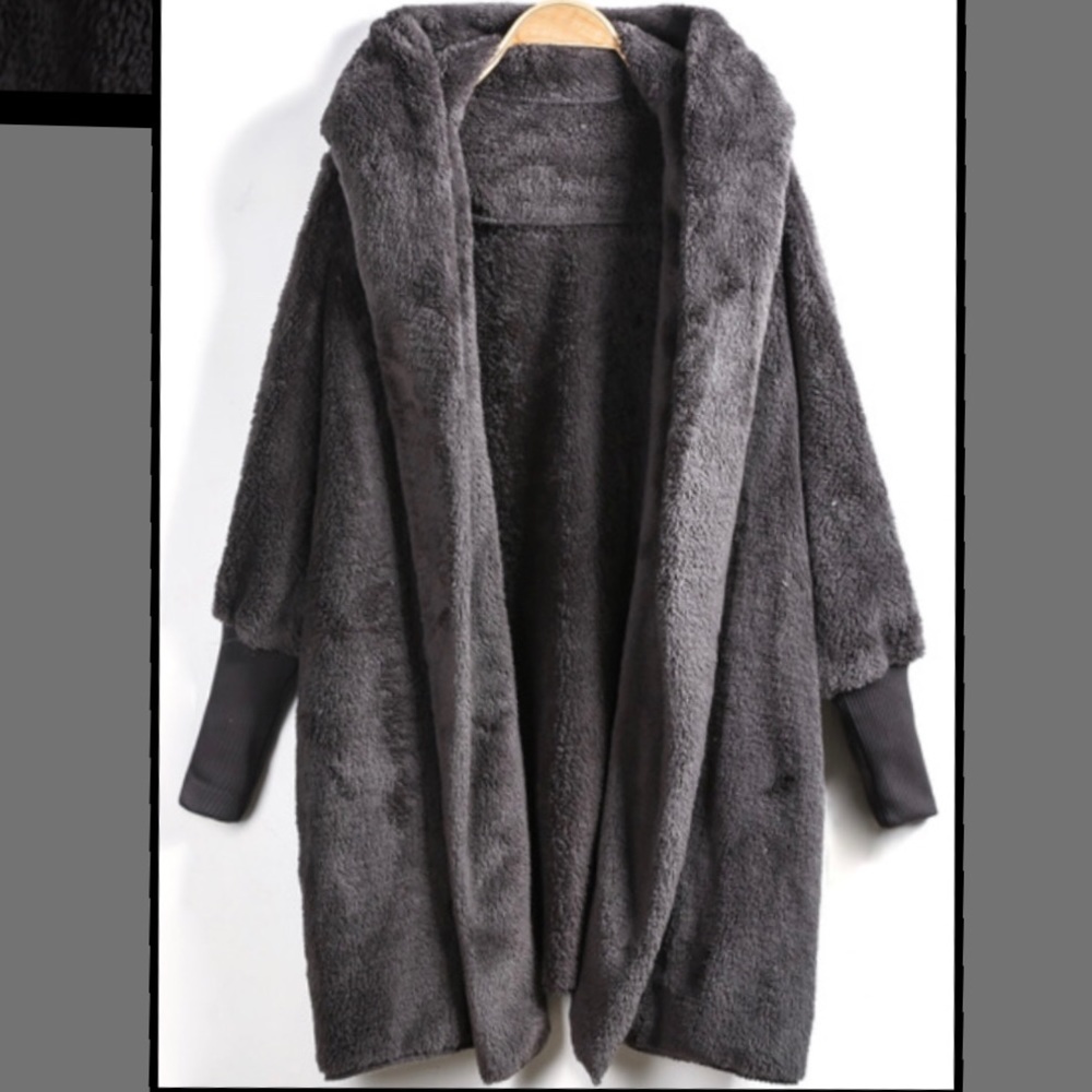 Grey Hooded Long Sleeve Hooded Sweater Jacket